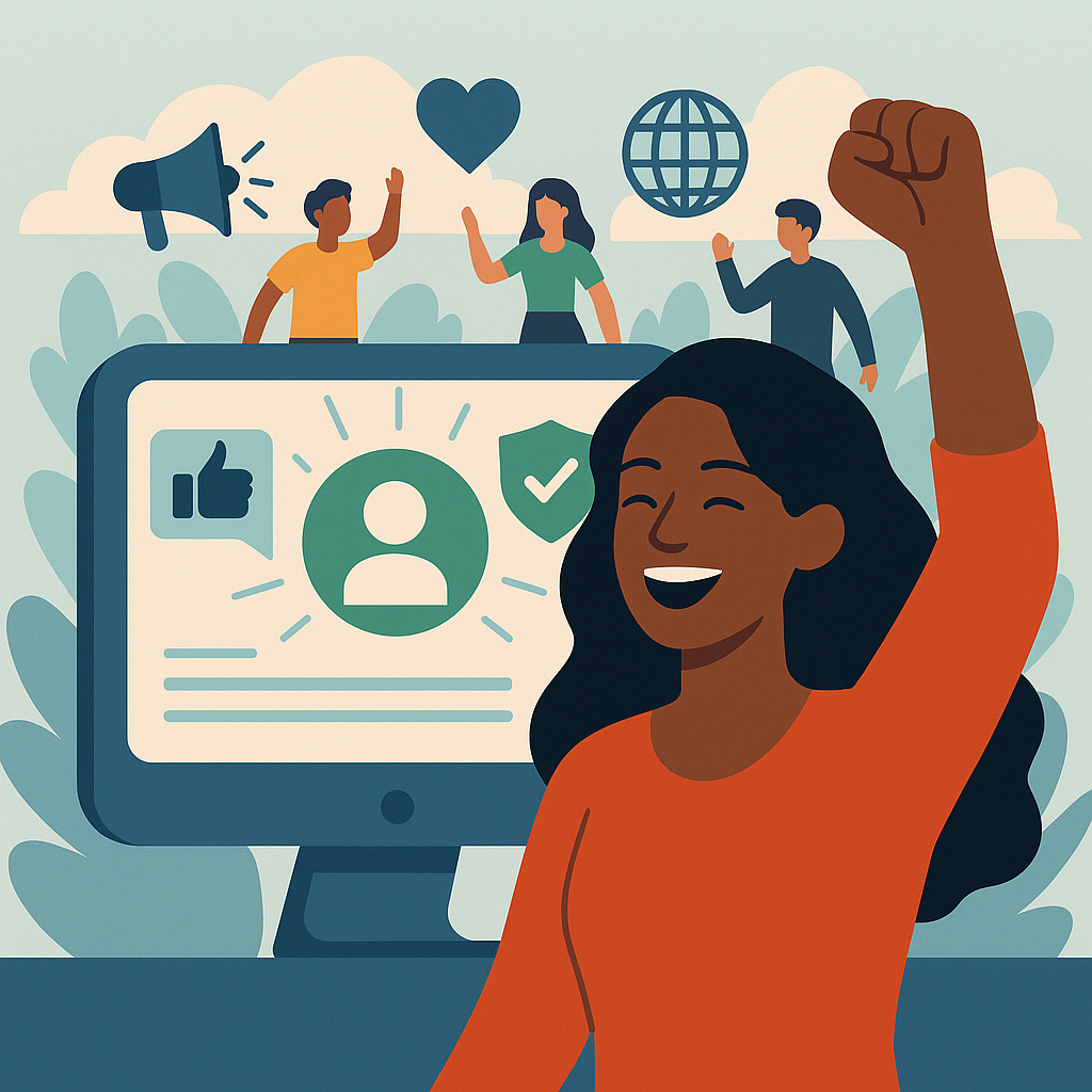 A flat-style digital illustration showing a joyful young African American woman raising her fist in triumph, with a large computer monitor behind her displaying digital icons. Three diverse figures in the background interact with floating symbols, representing community, empowerment, and meaningful digital engagement.