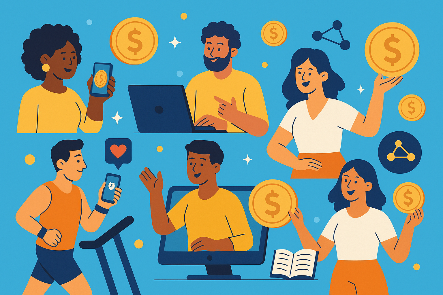 Illustration of diverse people engaging with various online earning methods—content creation, fitness apps, online courses, affiliate marketing, and digital rewards represented by coins and network icons.
